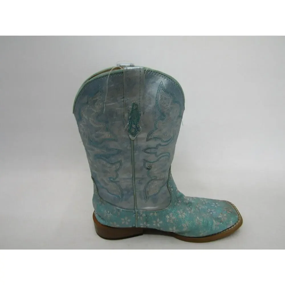 Roper Brand Little Kid Youth Sz 3 Metallic Turquoise Floral Glitter Cowboy Boot